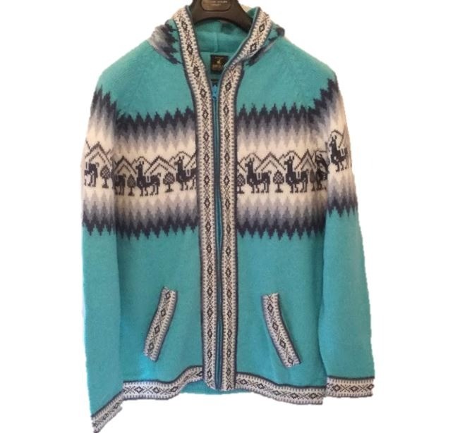 Long Hooded Teal Alpaca Cardigan high quality